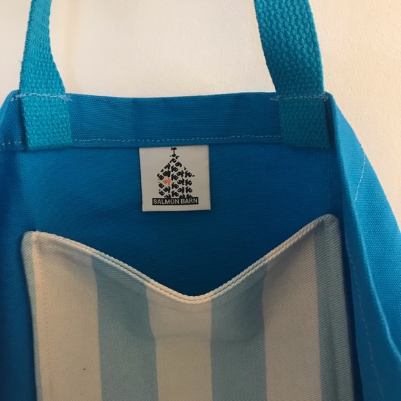 NWT- Bright Blue Flower Handprinted on Blue and White Stripe Tote Bag. - Picture 5 of 9